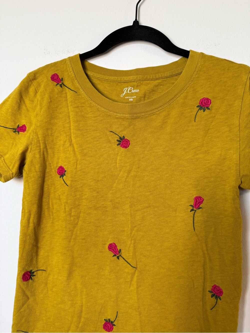 J. Crew Mustard Yellow Tee with Pink Rose Embroidery